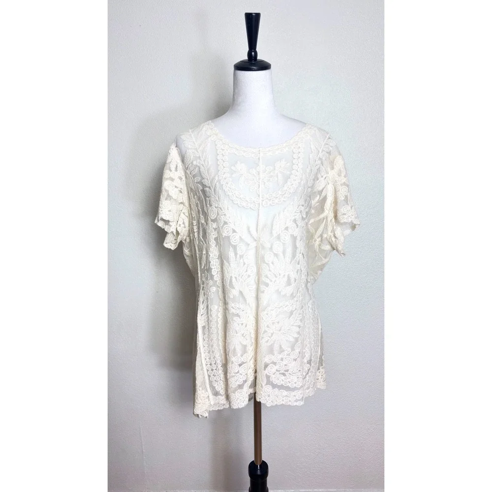 Cato Cream Floral Embroidered Sheer Lace Short Sleeve Shirt Size XL Boho Cottage